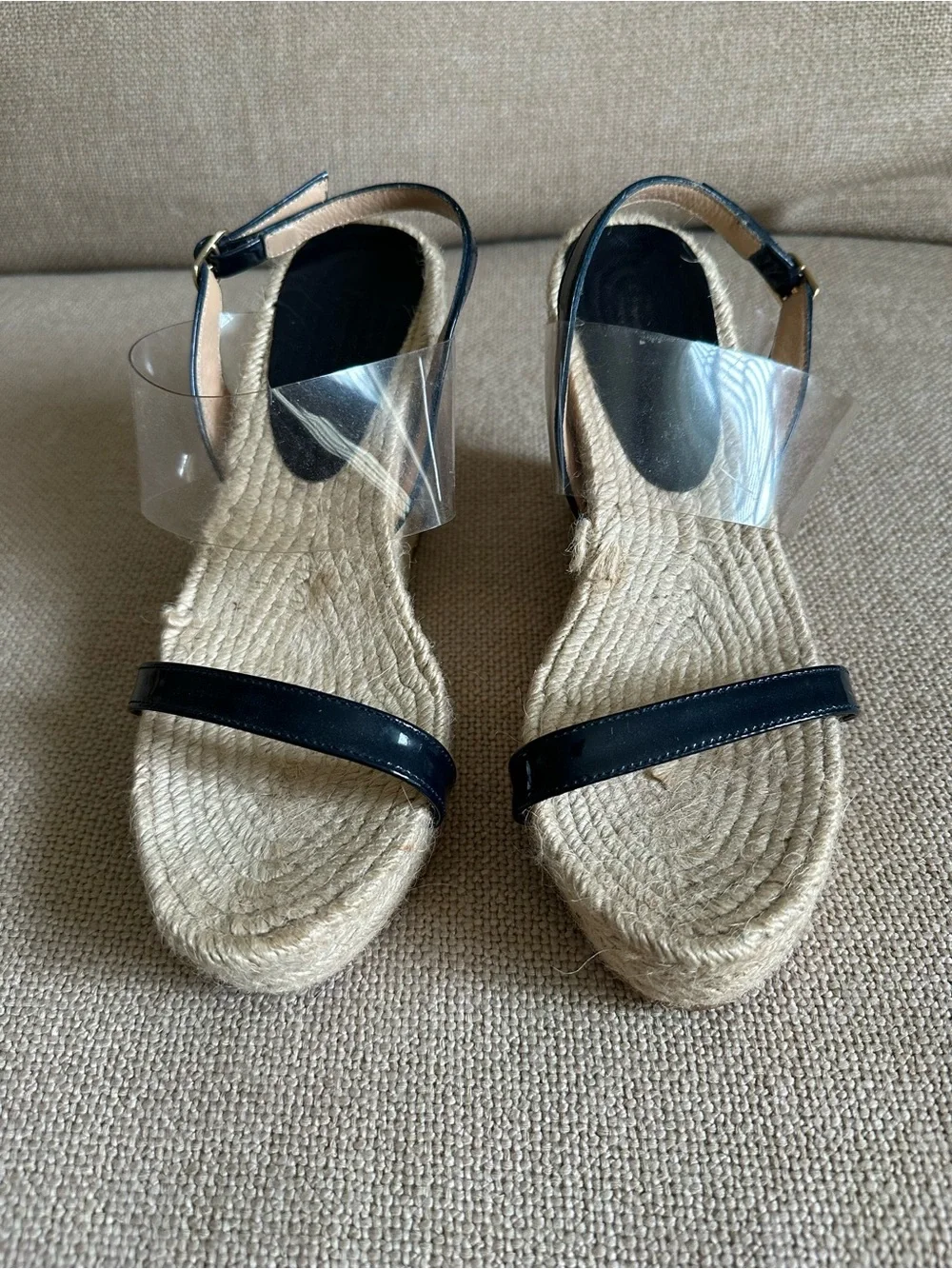 Bettye Muller Navy Patent Leather and Clear Espadrille Wedge Sandals